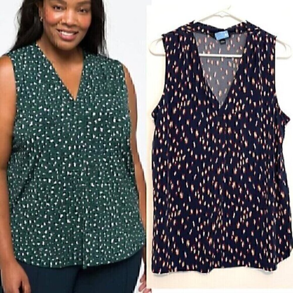 41 HAWTHORN STITCH FIX Alicia Pleat Knit Top Navy Blue Ikat Geo Sleeveless Large